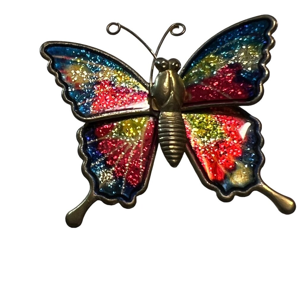 Vintage Butterfly Brooch Blue‎ Pink Enamel and Glitter Pin